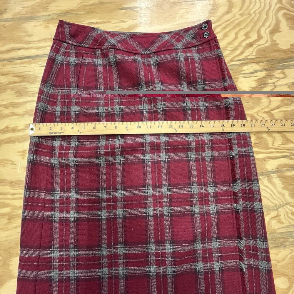 Eddie Bauer Plaid Wool Wrap Maxi Skirt Size 8 Maroon Fringe Academia Preppy - Picture 10 of 13